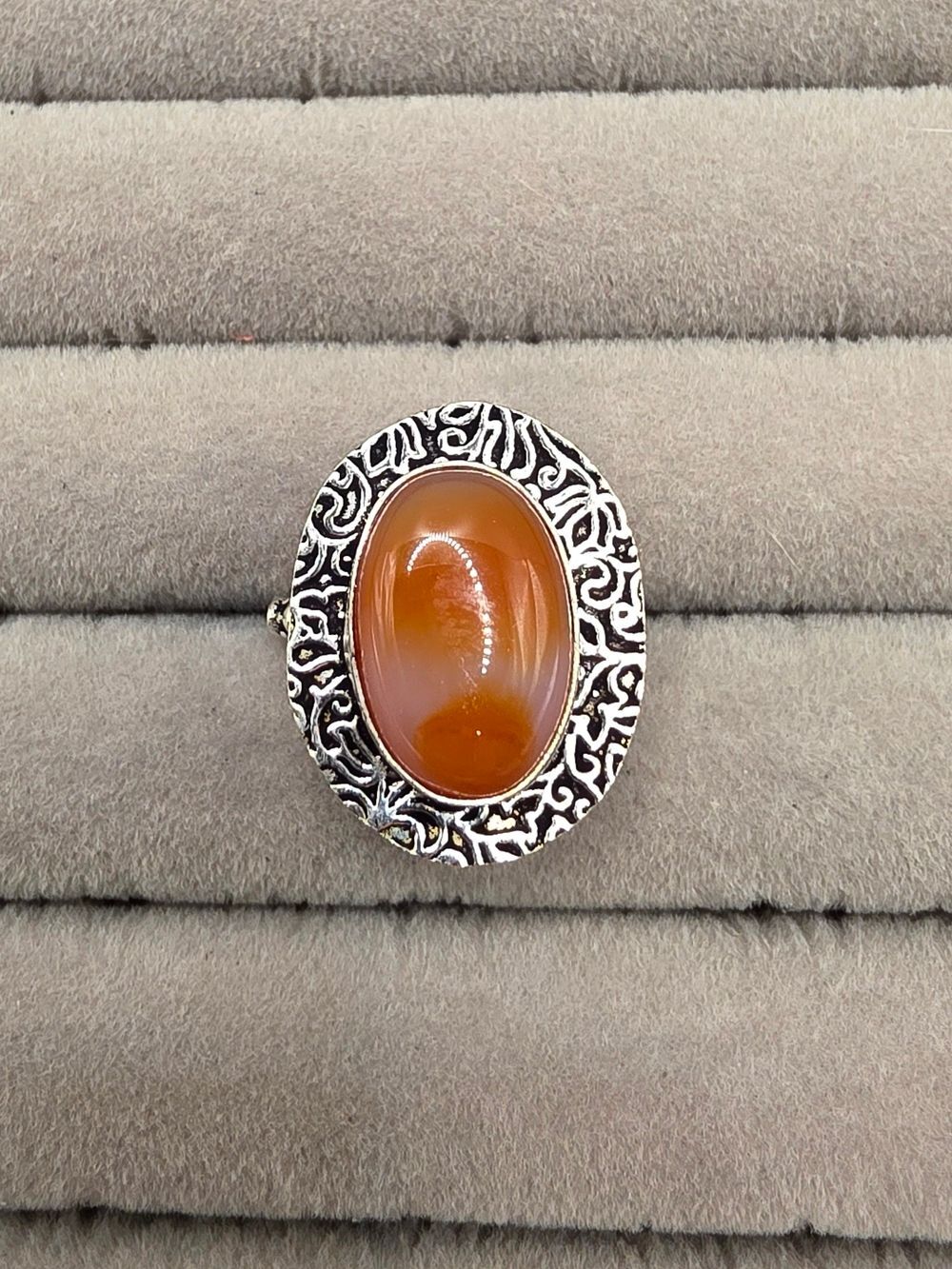 Silver Plated Oval Carnelian Statement Ring Size 7 - Orange
